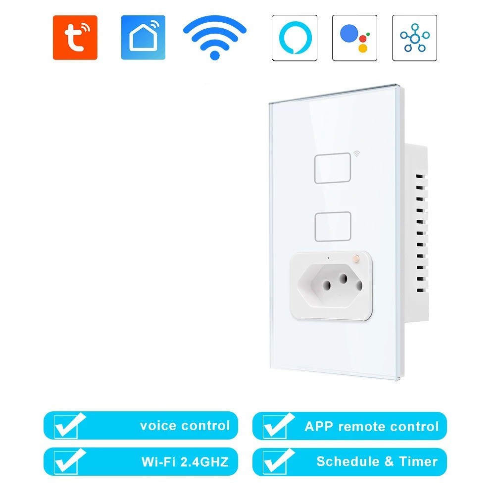 Brasil WiFi Wall Switch e Tomada com Monitoramento Energia Painel Vidro 2 Interruptor de Luz Aplicativo Tuya Smart Home