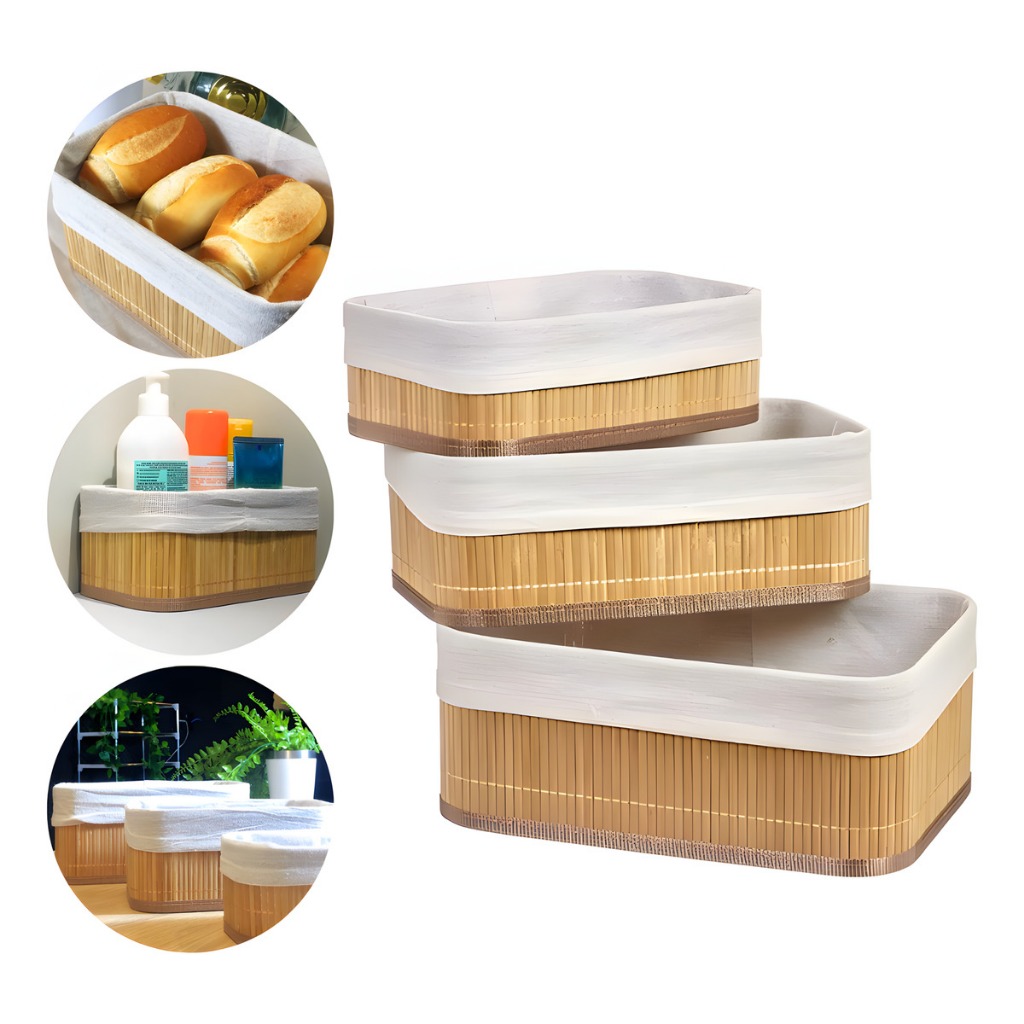 Kit 3 Cestos Organizadores de Bambu Multiuso com Forro