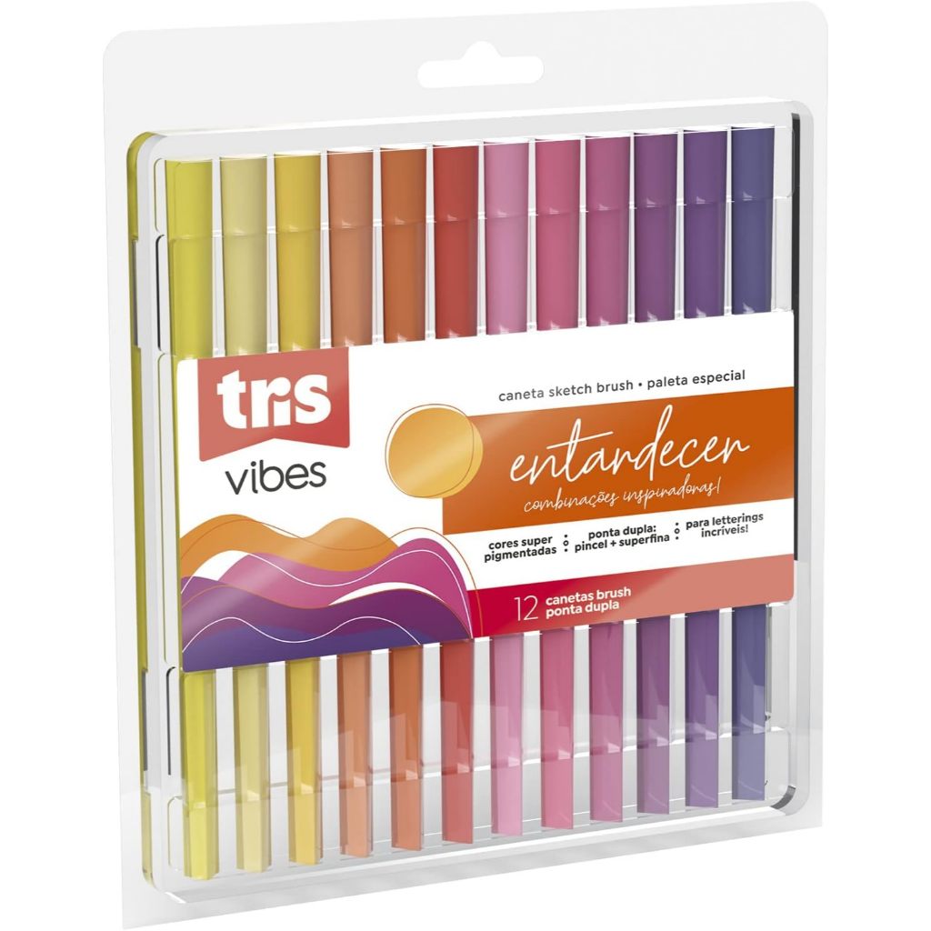 Caneta ponta dupla brush Hidrocor Tris Vibes Sketch Entardecer 12 Cores ...