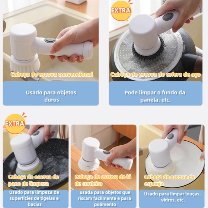 Escova Elétrica Rotativa Para Limpeza 5 em 1 Sem Fio Recarregável Multiuso