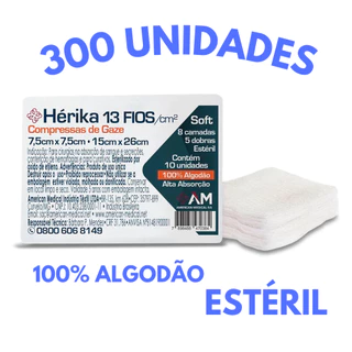 300 Compressa de Gaze Estéril Hérika Hidrófila 13 Fios - 7,5x7,5cm - 15x26cm (30 pacotes Hérika) em Oferta na Shopee