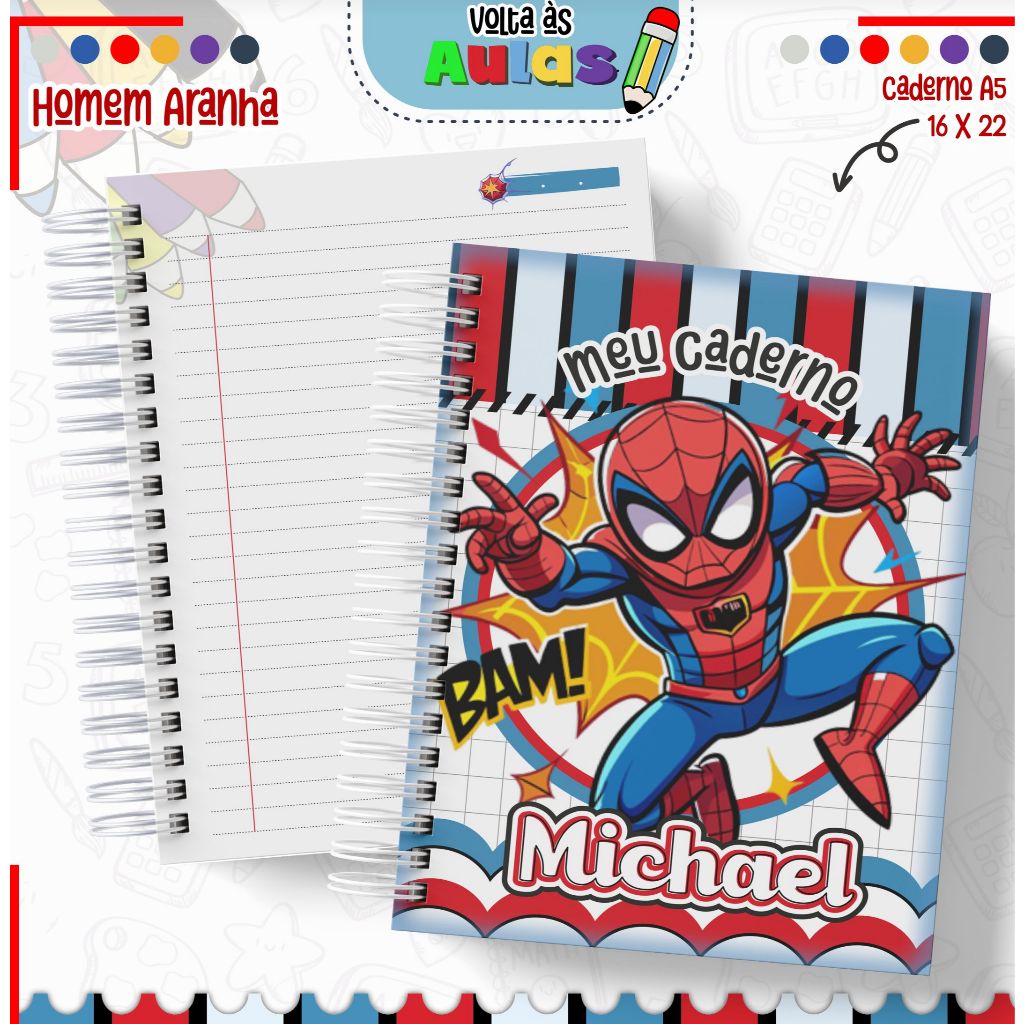 Caderno Homem Aranha A5 personalizado - com capa dura e elástico Pode ...