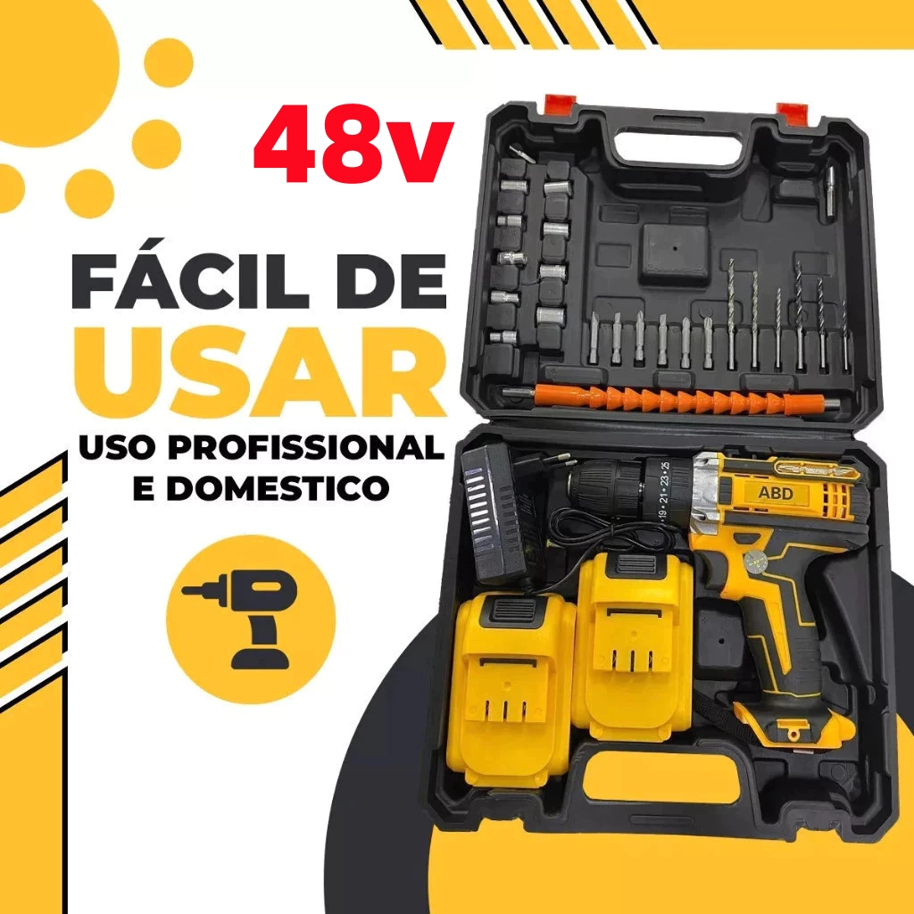 Parafusadeira Furadeira 48V 2 Baterias Com Maleta e Acessórios Completo