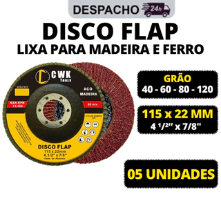 Kit 05 Disco Flap 4.1/2 Grão 115mm 40 - 60 - 80 - 120 - Flap Disc Lixa Para Madeira Aço