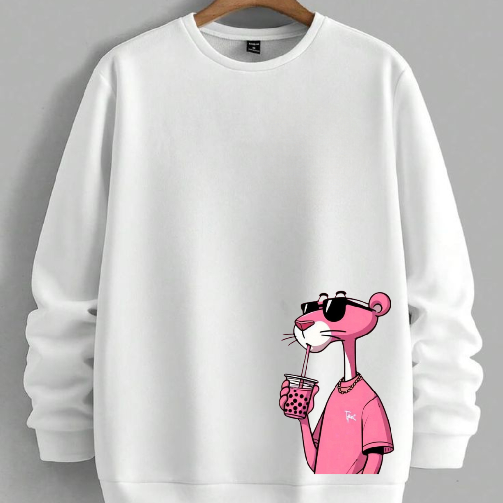 Moletom Gola Redonda Careca Pantera Cor de Rosa Franelado