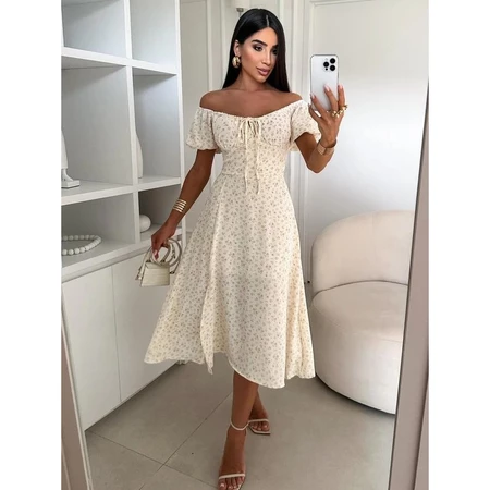Vestido Mídi Romântico Floral com Manguinha e Elastex Cruzado Costa Tendencia 2026
