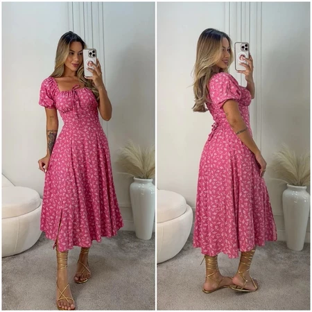 Vestido Mídi Romântico Floral com Manguinha e Elastex Cruzado Costa Tendencia 2026