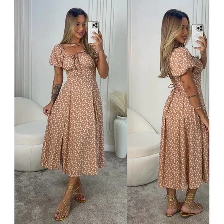 Vestido Mídi Romântico Floral com Manguinha e Elastex Cruzado Costa Tendencia 2026