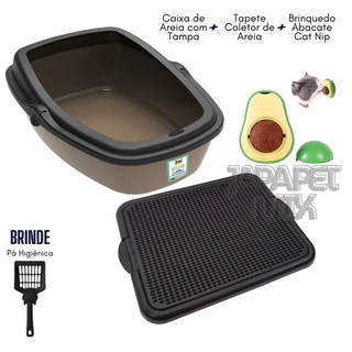 Kit Caixa de Areia Para Gatos Com Tampa + Tapete Coletor de Areia + Pá Higiênica + CatNip