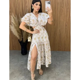 Vestido longo decote v fenda midi lese bordado 3d manga curta princesa morcego abertura lateral