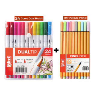 Kit Canetas Coloridas Dual Brush 24 Cores + 10 Cores Ponta Fina Tons Pastel
