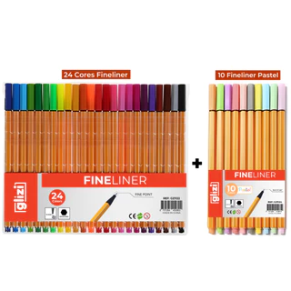 Kit Canetas Coloridas Fineliner 24 Cores + Tons Pastel 10 Cores