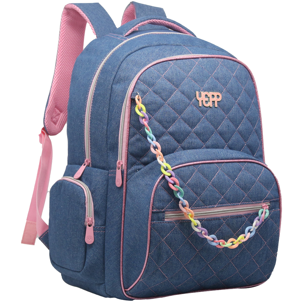 Kit Mochila Grande E Estojo Box Escolar Juvenil Jeans Matelasse