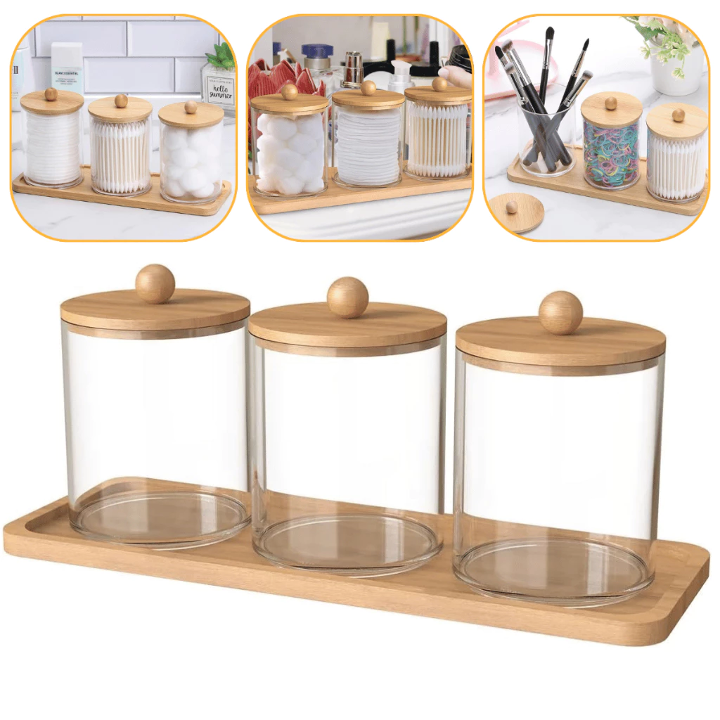 Kit - 3 Porta Algodão/Cotonete Tampa De Bambu + Bandeja De Bambu