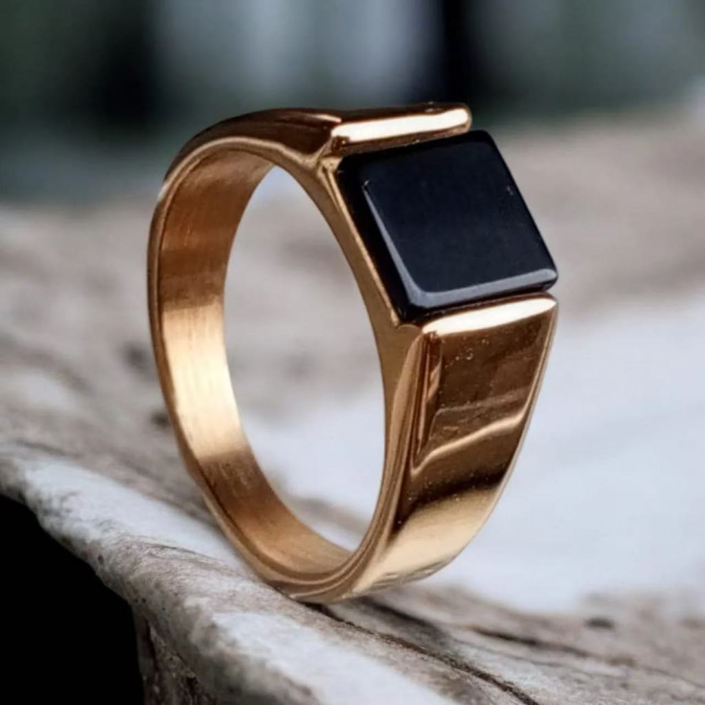 Anel Masculino Homem Pedra Onix Preta Aço Titânio Casual Arrojado Moderno