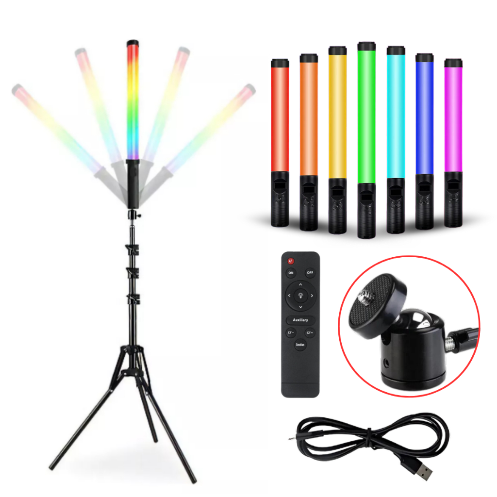 Kit Bastão de LED RGB com Tripé 2,10m e Ball Head – Iluminação Completa e Profissional