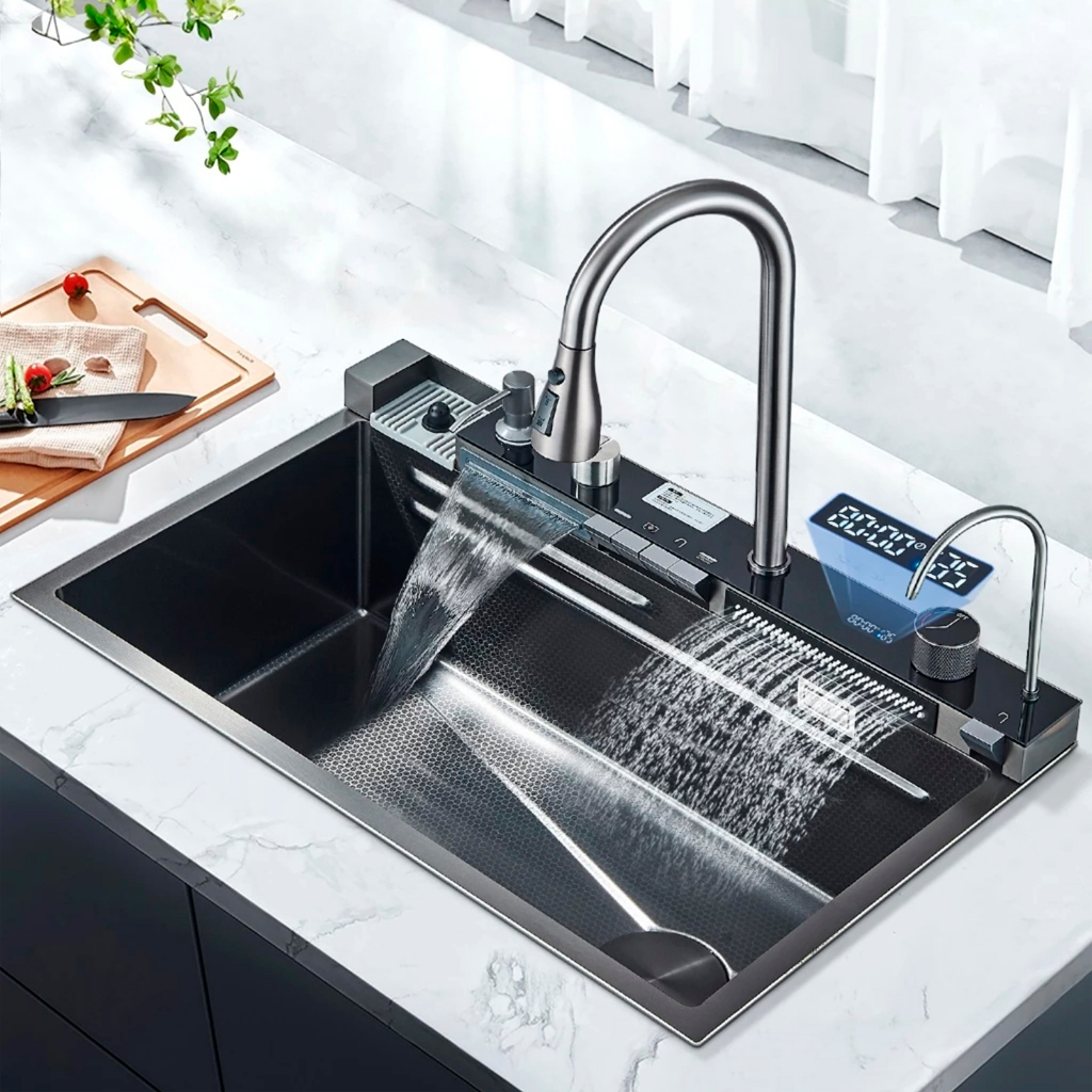 Cuba Inox Gourmet Cozinha Torneira Cascata Com Led Moderna Pia Cestinho Sifão Painel Temperatura