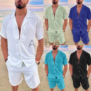 Aibes Camisa Conjuntos listrada e lisa masculina slim fite Manga curta férias na praia viscolinho