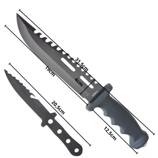 Faca Bowie Sobrevivencia Bushcraft Preta Com Bainha Rigida Aço Inox Fosfatizado E Faca Pequena
