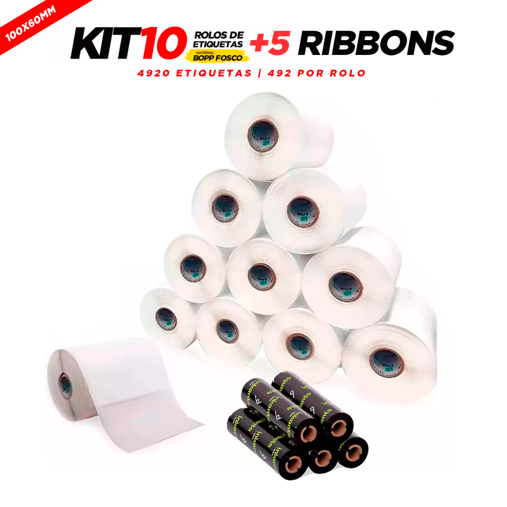 10 Rls Etiqueta 100x60 10x6 Bopp Adesiva Zebra Argox Elgin + 5 Ribbon ...