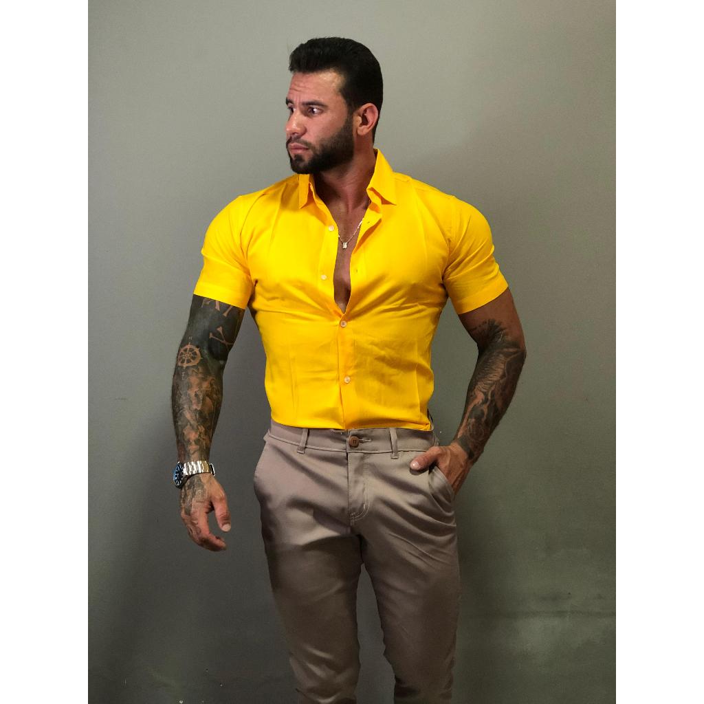 Camisa Social Masculina Amarelo Ouro em Viscose
