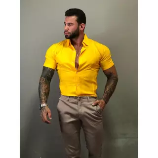 Camisa Social Masculina Amarelo Ouro em Viscose