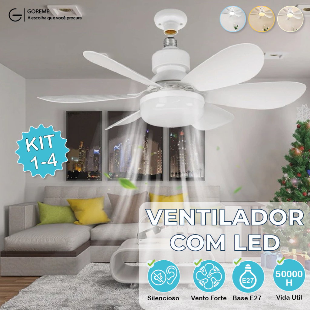 Ventilador de Teto PRO 80W ou 60W Super LED Lâmpada E27 Controle Remoto Luminária Economica de Energia 6 lâminas Bivolt