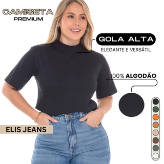 Camiseta Gola Alta Feminina Blusa Básica 100% Algodão em Oferta na Shopee