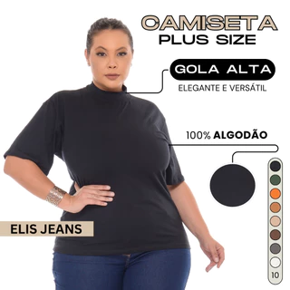 Camiseta Plus Size Feminina Gola Alta Blusa 100% Algodão T-shirt Básica em Oferta na Shopee