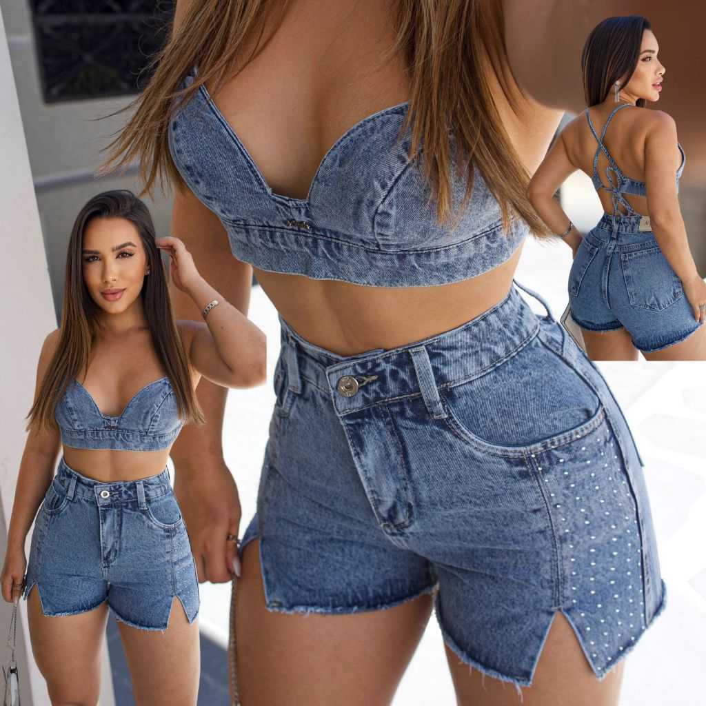 Conjunto Jeans Cropped Top e Short Pedraria de Strass Marmorizado