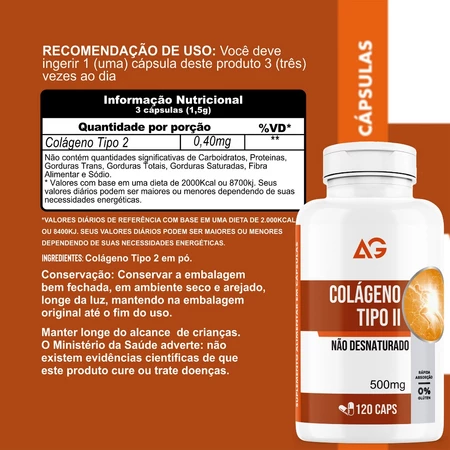Colágeno Tipo 2 Não Desnaturado 40mg 120 caps suplemento Articular Sem Glúten