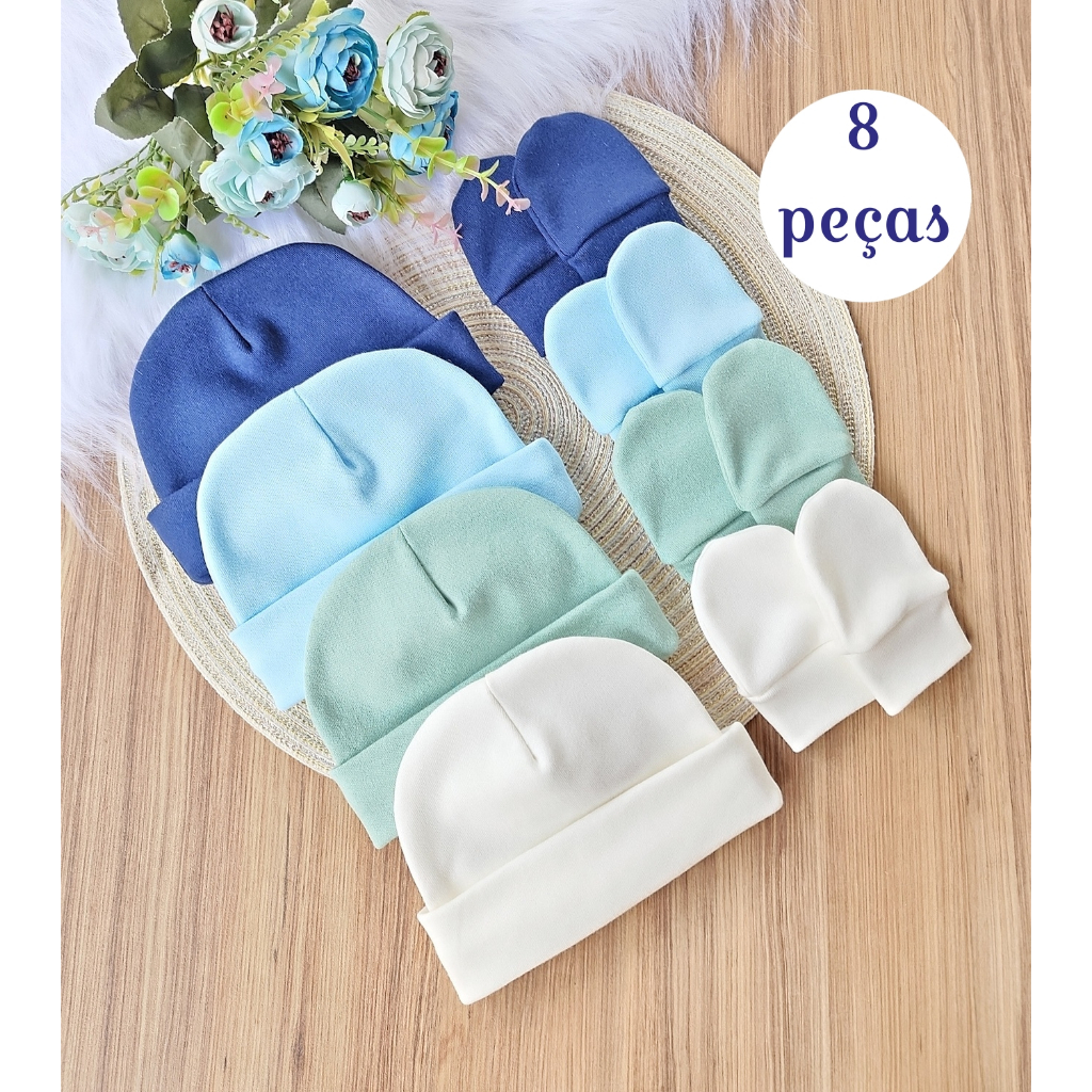 Kit 4 Touca e 4 Luva Para Bebê Recém Nascido 100% Algodão Antialérgico ...