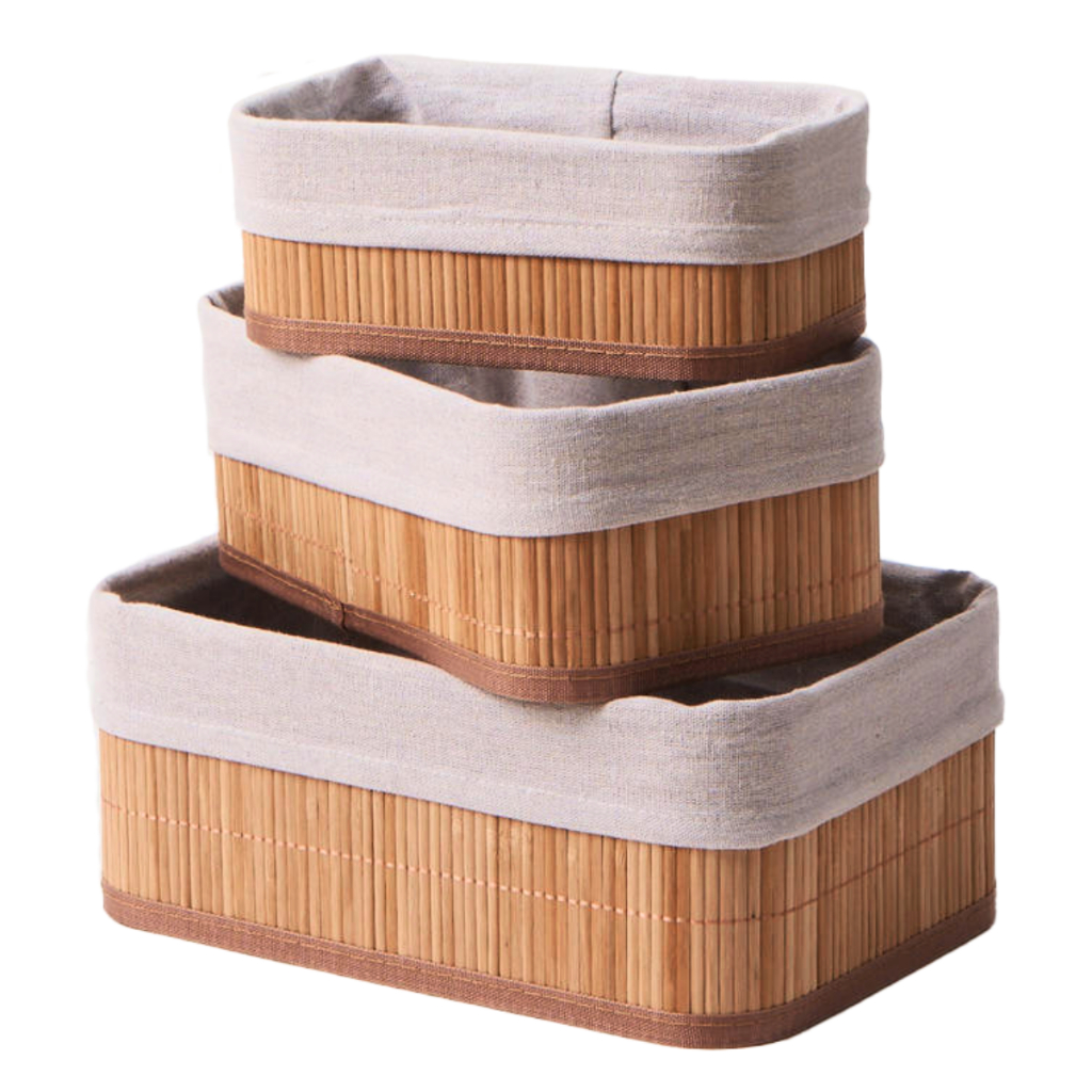 Kit 3 Cestos Organizadores Multiuso Bambu Com Forro Anti Mofo