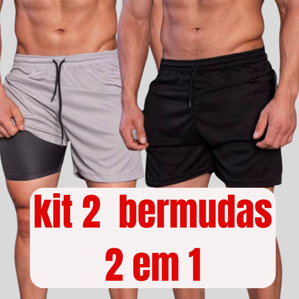 KIT 2 BERMUDAS SHORTS 2 EM 1 MASCULINO PARA TREINO ACADEMIA CORRIDA CAMINHADA BERMUDA DUPLA COM BOLSO INTERNO