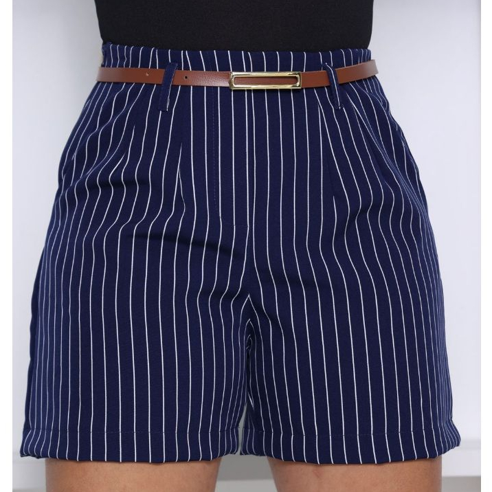 Short Alfaiataria feminino social Listrado com cinto, bolso e zíper na lateral verão 2025