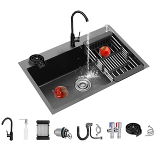 Kit Cuba Pia Cozinha Gourmet Premium Aço Inox C Cascata Lavador Copos / Preto Torneira 60×45 cm