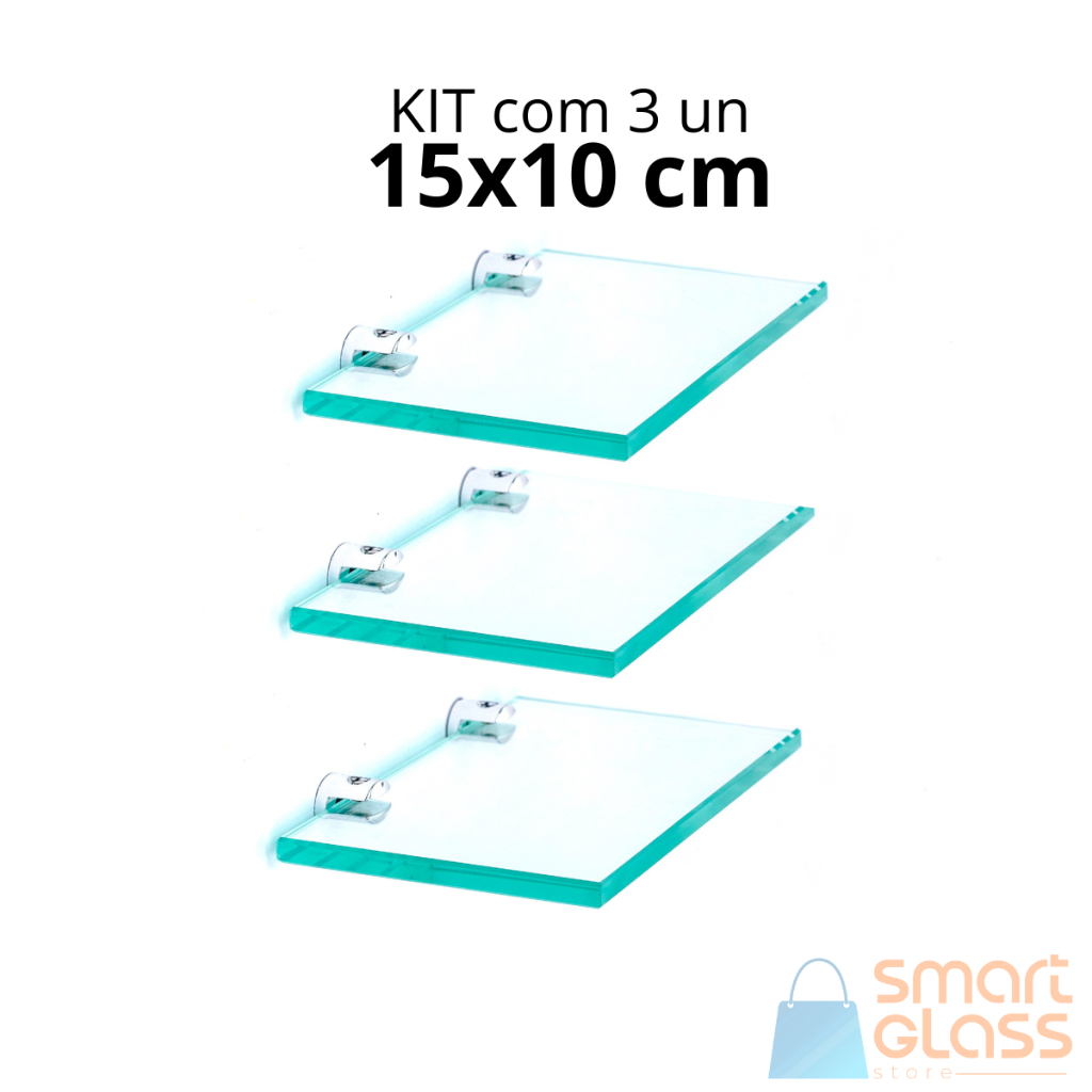 Kit com 3 Prateleiras Em Vidro 15x10 Com Suporte Premium Retangular