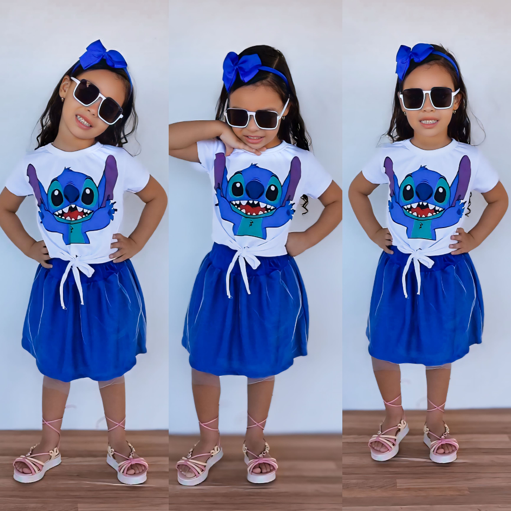 Conjunto Juvenil Femenino Stitch Infantil Roupa Menina Camisa