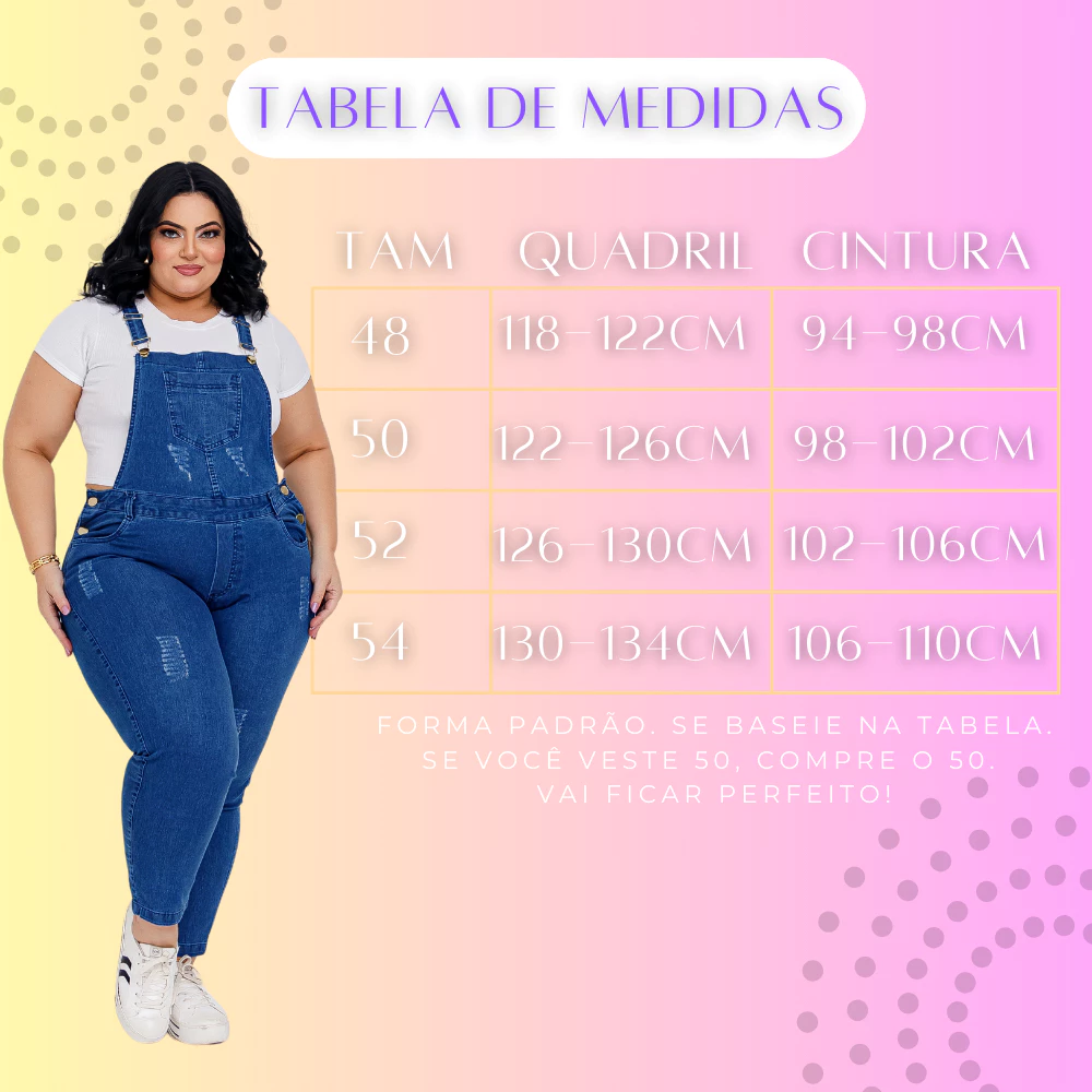 Tabela de medidas com tamanhos de 48 a 54 e dimensões de quadril e cintura