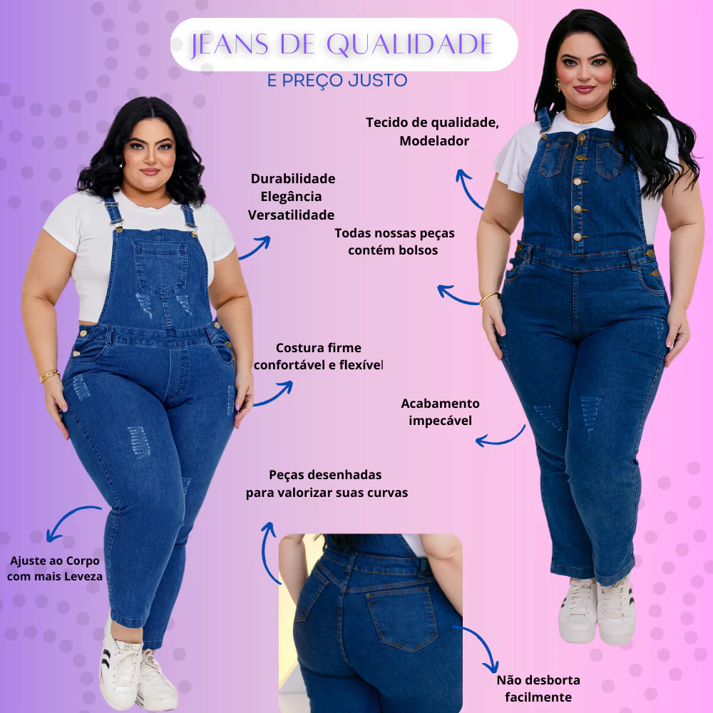 Infográfico detalhando benefícios do jeans como costura firme, bolsos e qualidade