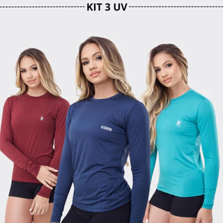 kIT 3 Camisa Térmica Feminina Proteção Uv 50+ Segunda Pele Camiseta Malha Fria Manga Longa UV