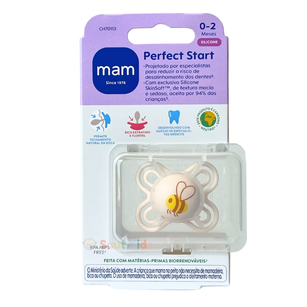 Chupeta Mam Perfect Silicone 0-2m Unitária Com Estojo Neutra para Recem ...