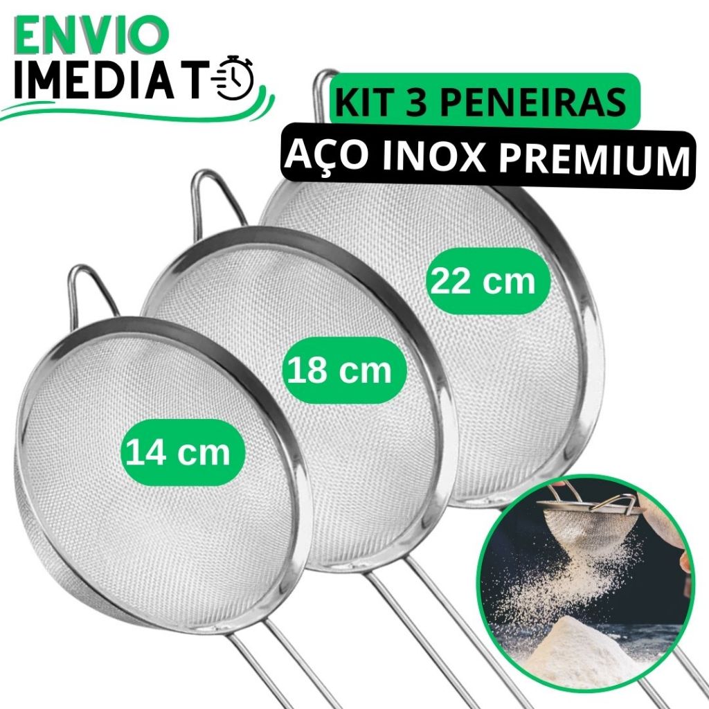KIT 3 Peneira Coador 100% Aço Inox PREMIUM 22cm 18cm 14cm Su