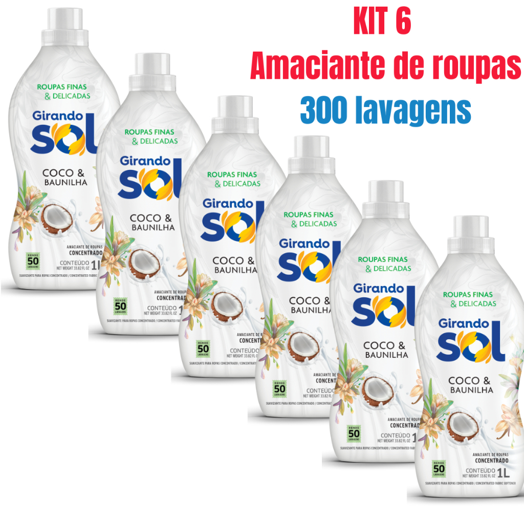 Kit 6 Amaciante Girando Sol Coco E Baunilha Concentrado 1 Litro - Rende ...