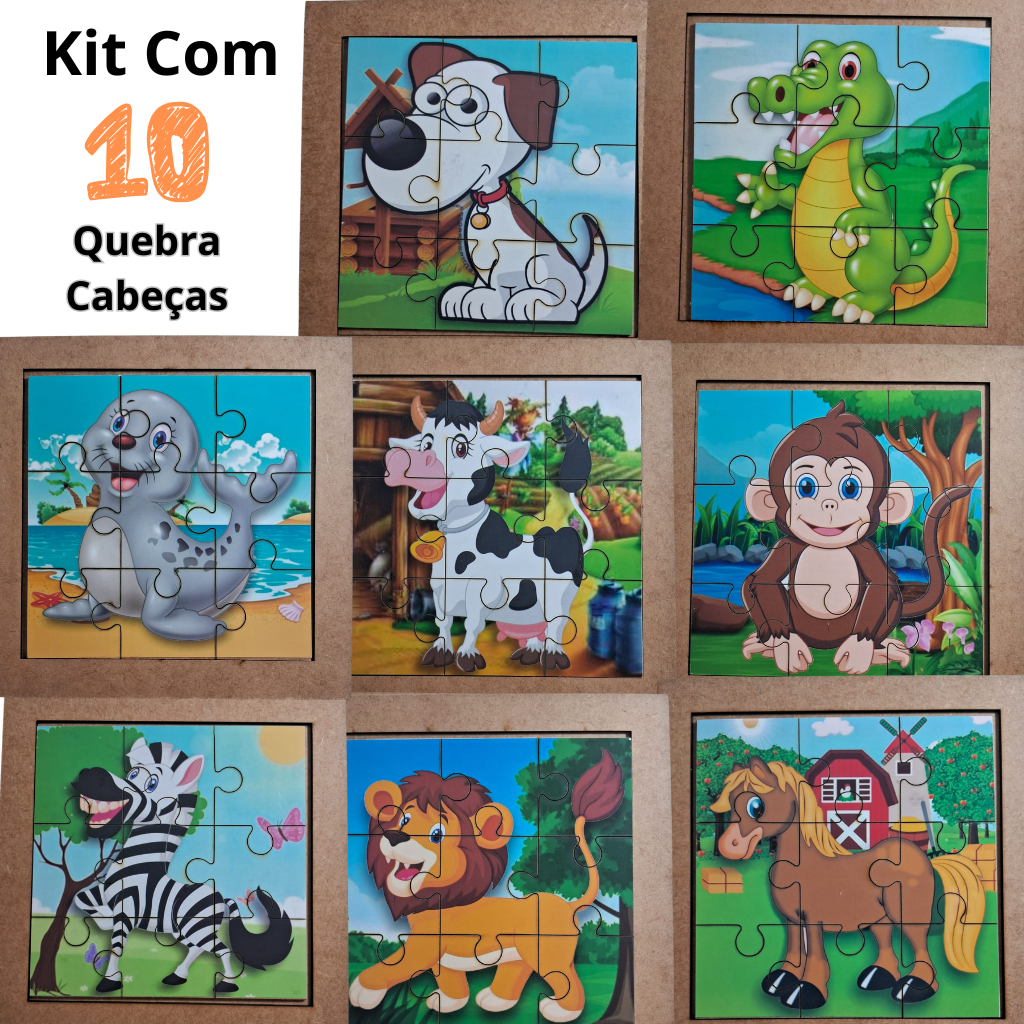 Kit 10 Quebra Cabeça Infantil de Madeira Animais Educativo Pedagógico ...