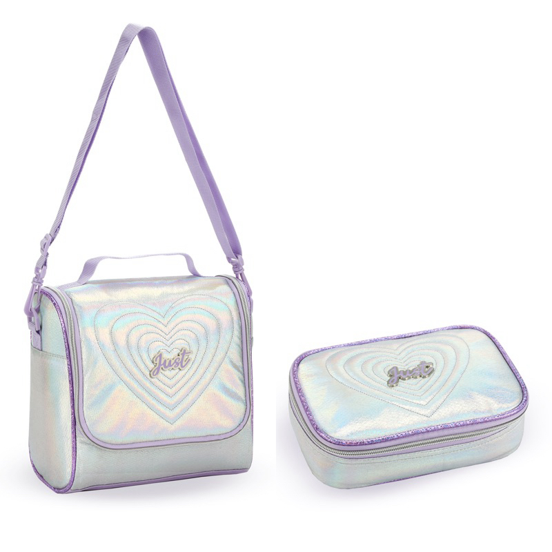 Kit 3pçs Mochila de Costas Love Just Coração com Pompom e Chaveiro