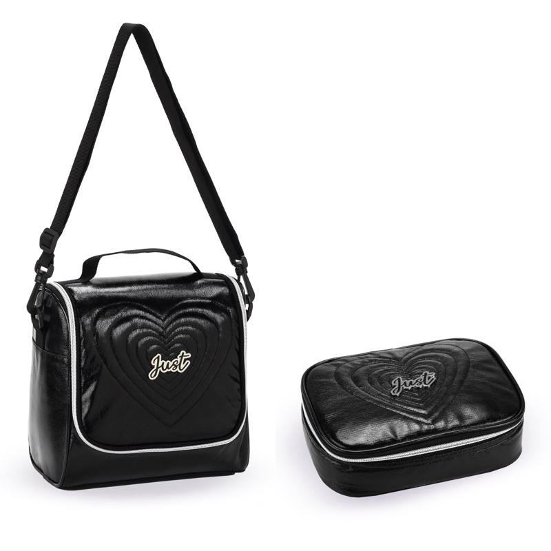 Kit 3pçs Mochila de Costas Love Just Coração com Pompom e Chaveiro