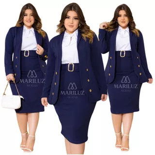 Conjunto Blazer Saia Lápis Midi Cinto 2 Peças (blazer + saia) Moda Feminina Plus Siza Evangelica