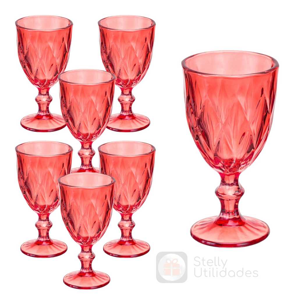 Jogo 6 Taças Vinho Água De Vidro 340ml Diamond - Vermelha | Shopee Brasil