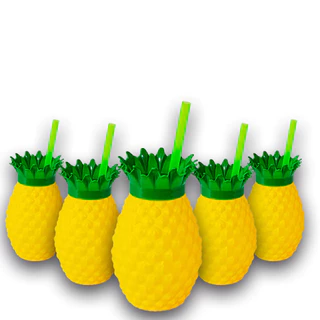 Kit Copos Formato Abacaxi Amarelo 300ml Com Canudo Festa Temática Tropical Hawai Carnaval Moana Stitch Bob Esponja